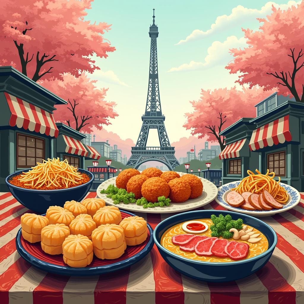 Japanese Street Food with Eiffel Tower Silhouette