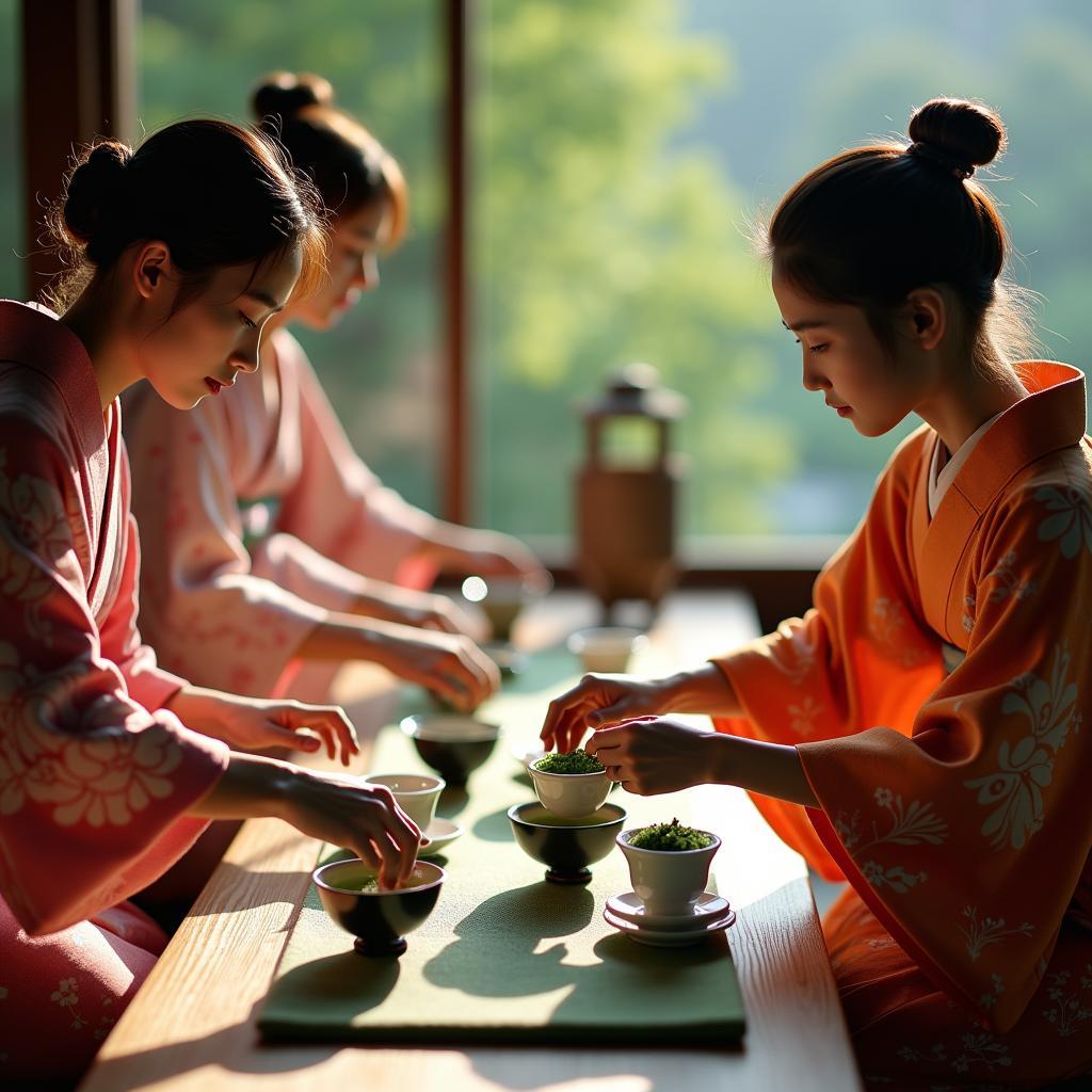 A traditional Japanese tea ceremony with participants wearing kimonos