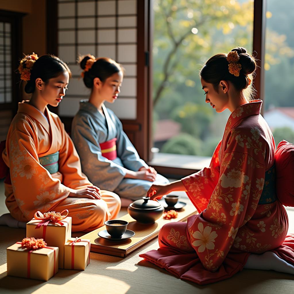 A traditional Japanese tea ceremony with participants wearing vibrant kimonos.  A display of beautifully wrapped gifts adds to the cultural richness of the scene.