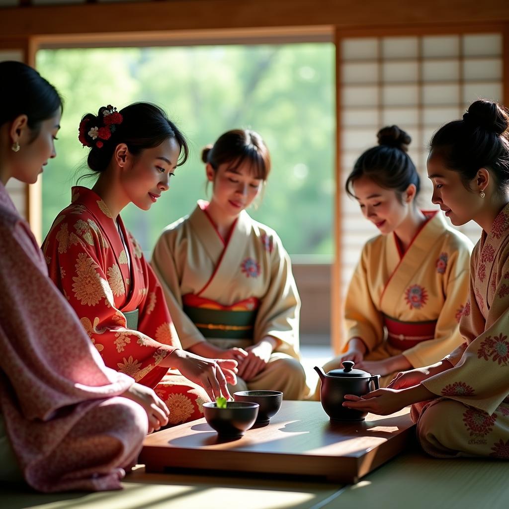 Ladies participating in a traditional Japanese tea ceremony during their tour from Pune