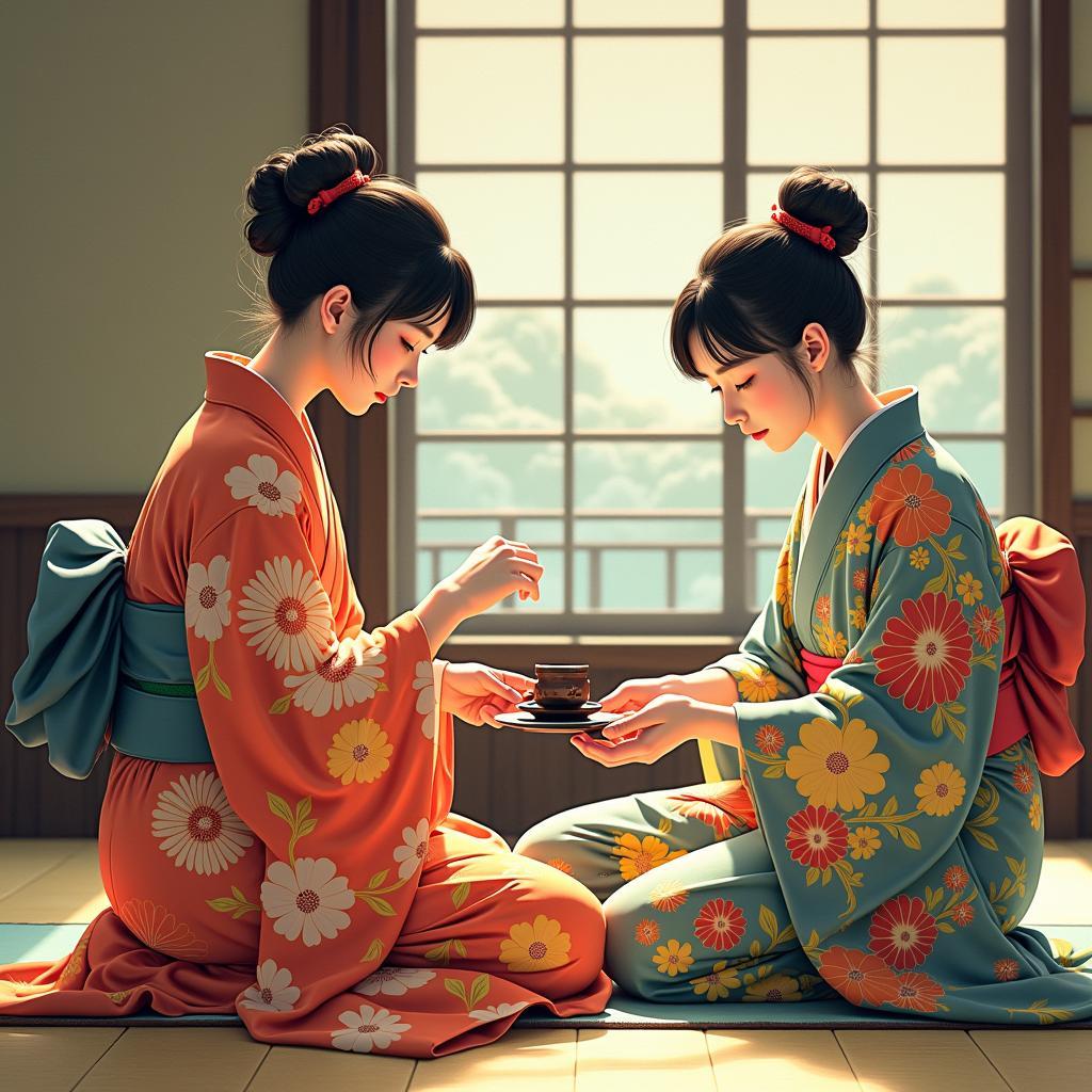 Traditional Japanese Tea Ceremony with Kimono-Clad Participants