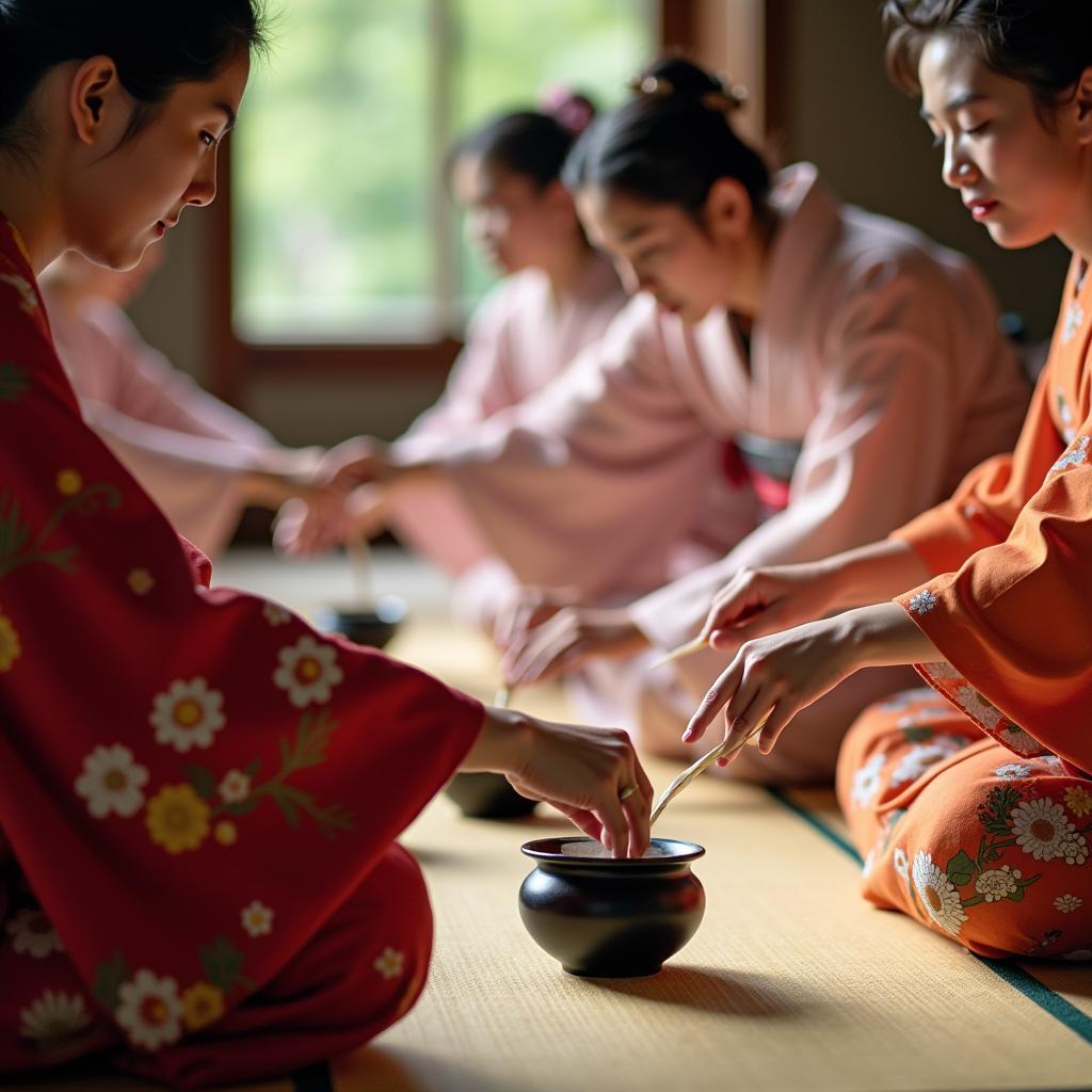 Traditional Japanese Tea Ceremony with Participants in Kimono