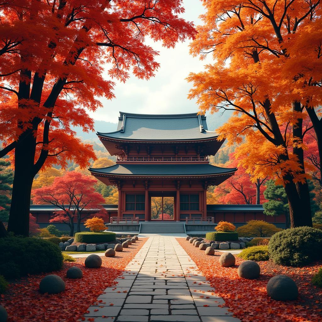 Japanese Temple amidst Autumn Foliage: A Time for Spiritual Reflection