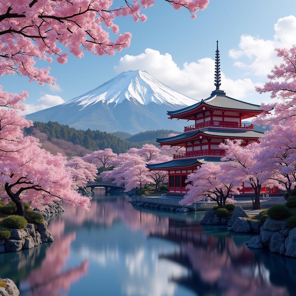 Tranquil Japanese Temple amidst Cherry Blossoms with Mount Fuji in the Background