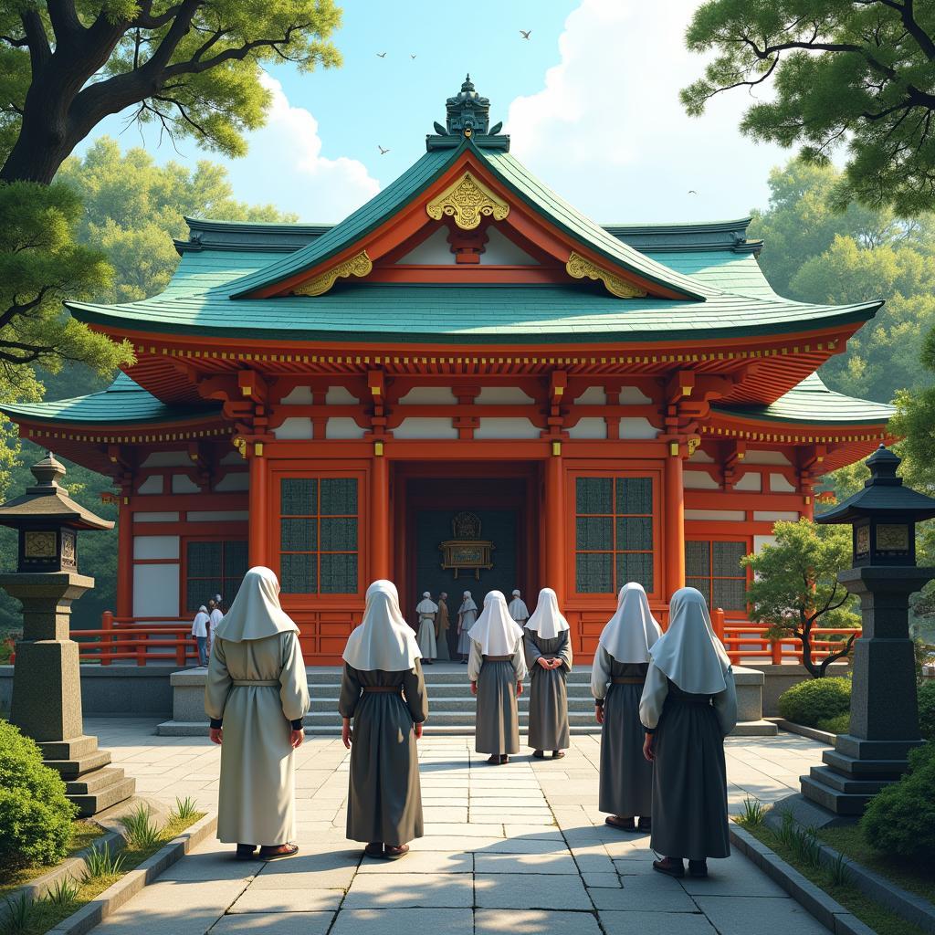 Pilgrims Visiting a Japanese Temple