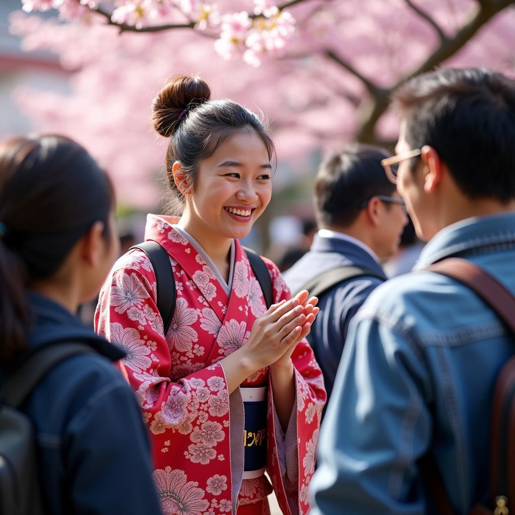 Japanese Tour Guide Welcoming Tourists