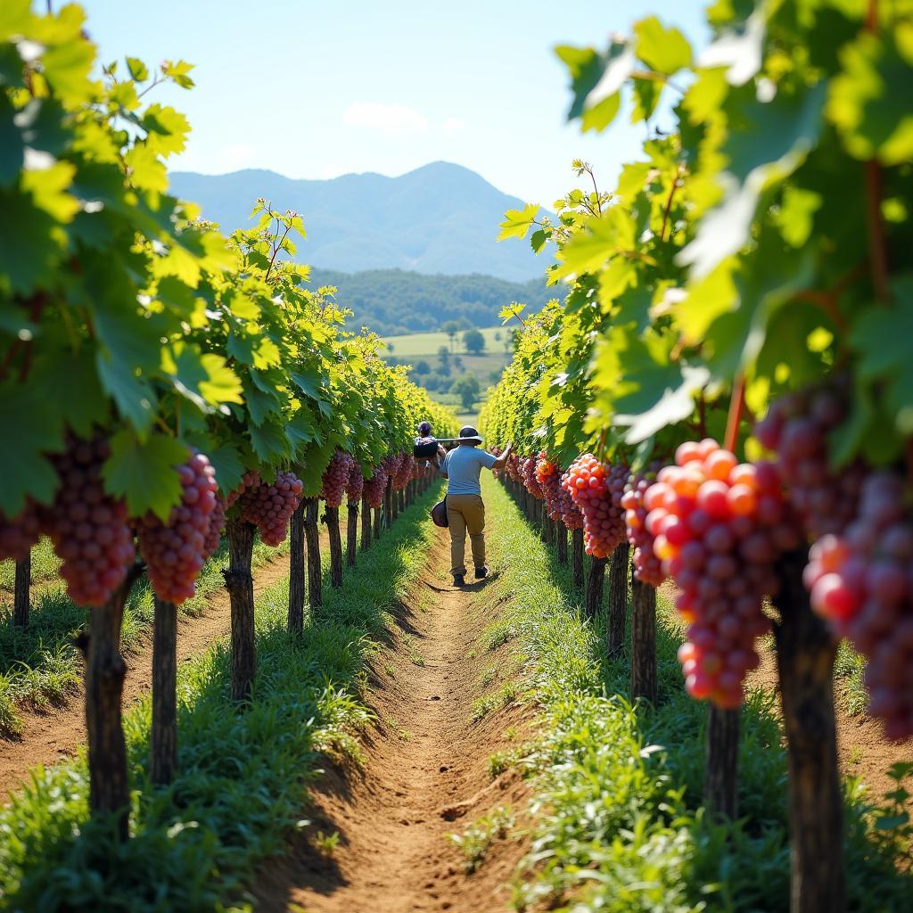 Lush Japanese vineyard in Yamanashi prefecture during harvest season, showcasing ripe grapes ready for winemaking.