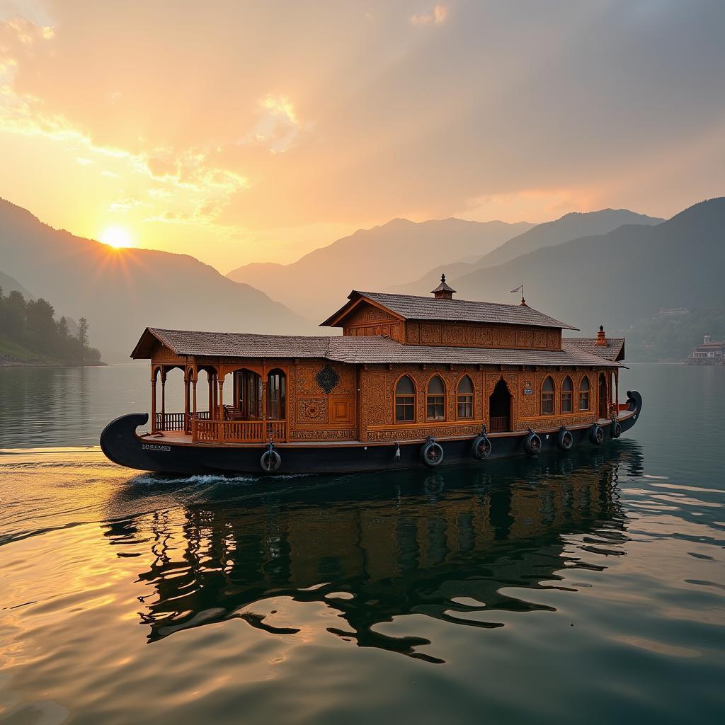 Tranquil houseboat on Dal Lake at sunset