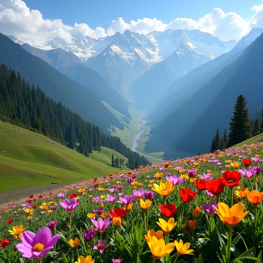 Kashmir valley blooming with flowers in spring