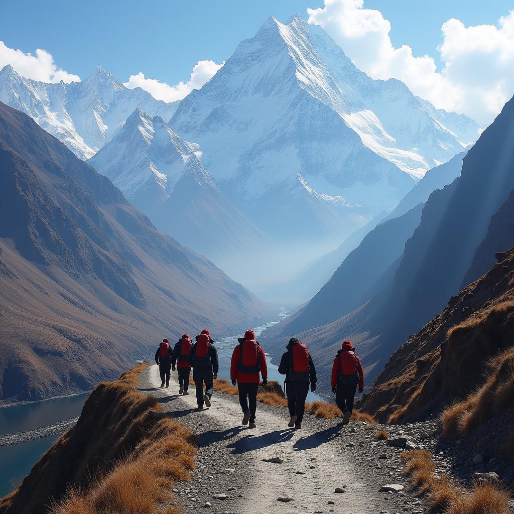 Pilgrims trekking to Muktinath Temple, with the snow-capped Himalayas in the background.