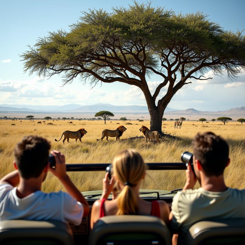 Kenya Safari Tour Commercial: A group of tourists observing wildlife in a safari vehicle in the Maasai Mara National Reserve