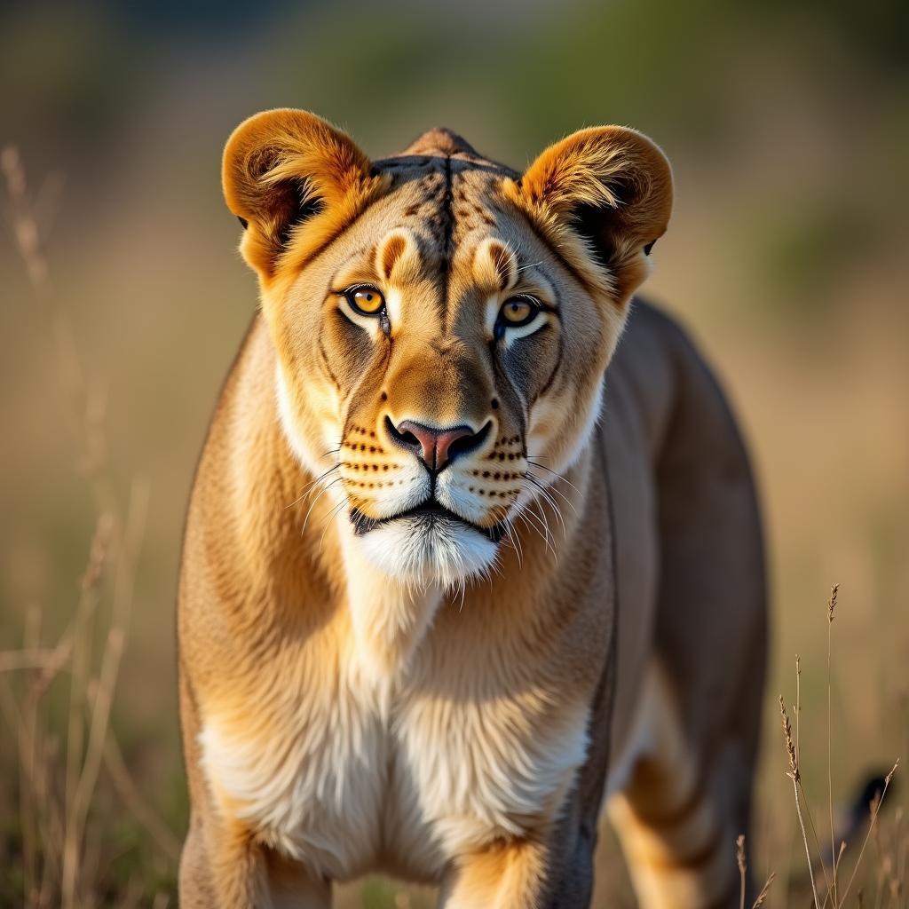 A close-up shot of a lioness staring intently at the camera during a safari game drive in Kenya