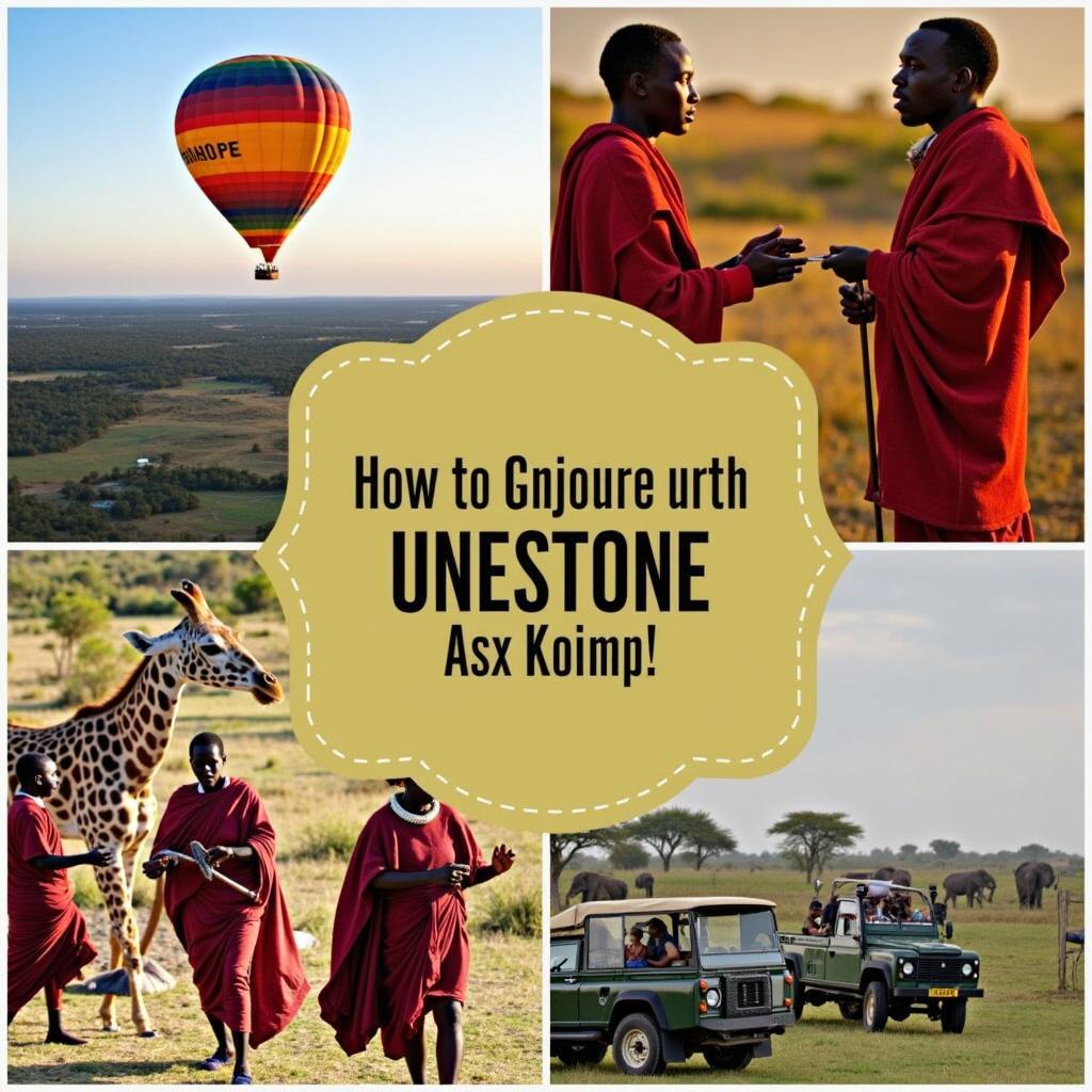 Variety of Kenya Tour Commercial Options: A collage showing different tour activities like safari drives, hot air balloon rides, and cultural village visits.