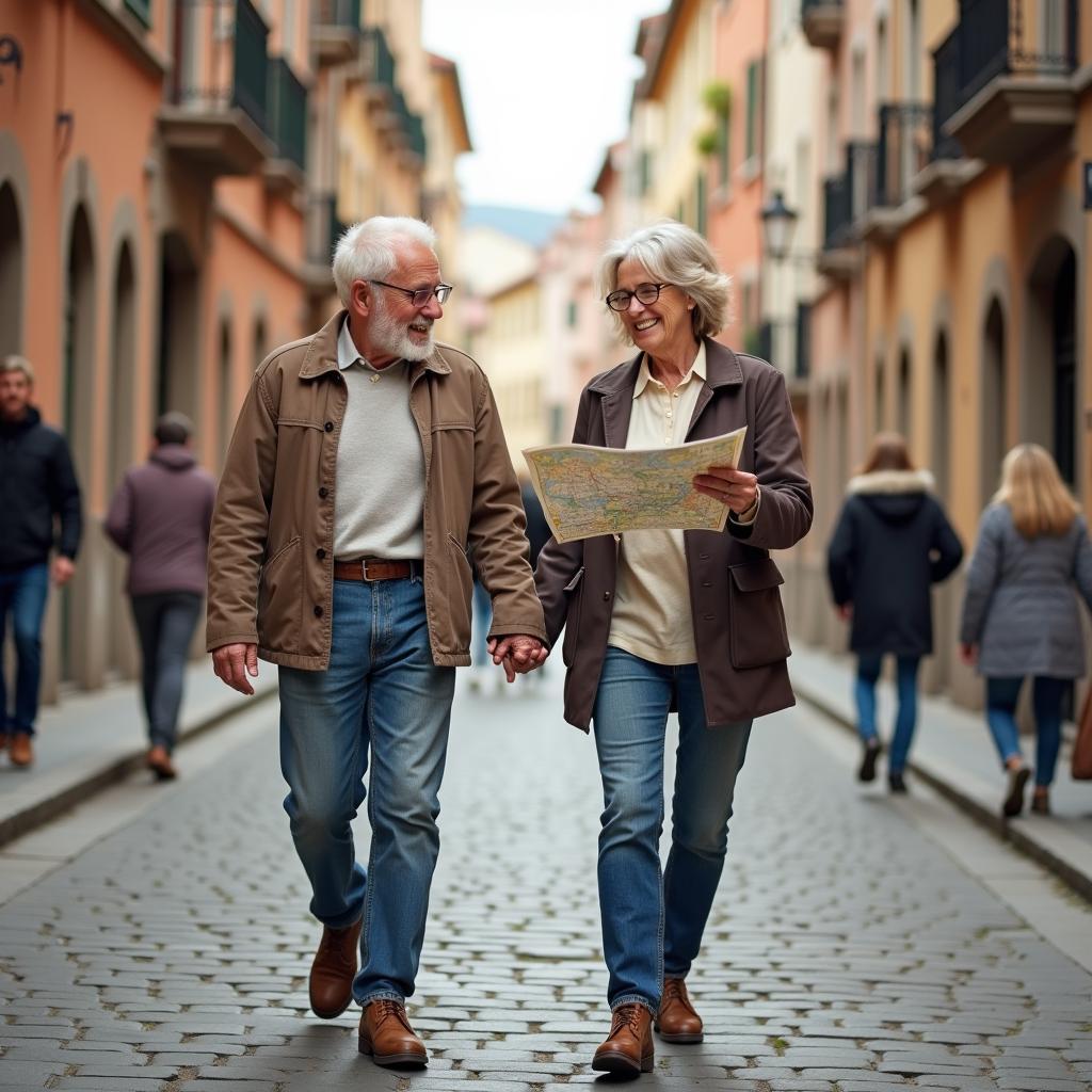 Senior couple exploring a European city during a Kesari tour