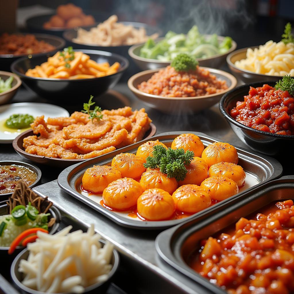 Colorful display of Korean street food with various dishes and snacks