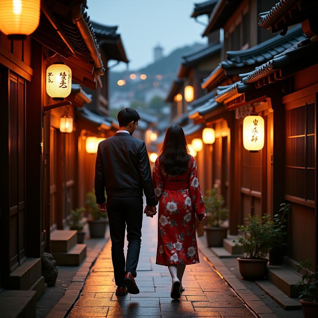 Couple strolling through Gion, Kyoto's geisha district