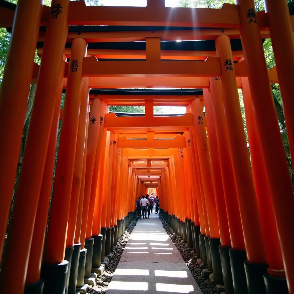 Exploring the thousands of vibrant red torii gates at Fushimi Inari Shrine during a Kyoto tour.