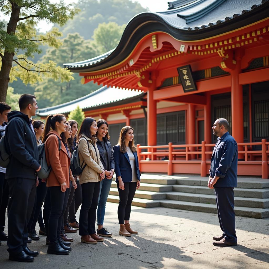 LDS Tour Group Visiting a Japanese Temple