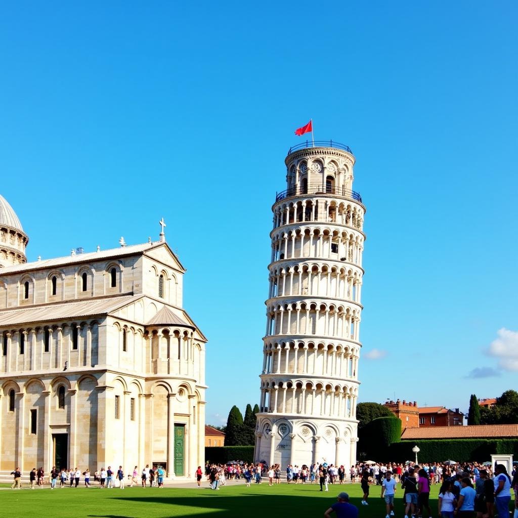 The Leaning Tower of Pisa in Piazza dei Miracoli with tourists.