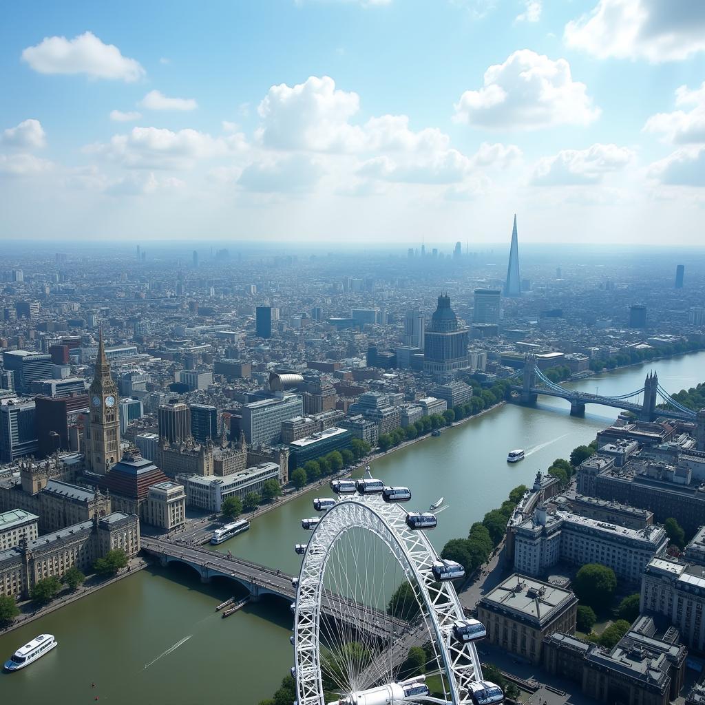 Panoramic view of London from a London Eye capsule, showcasing the city's skyline and the River Thames.