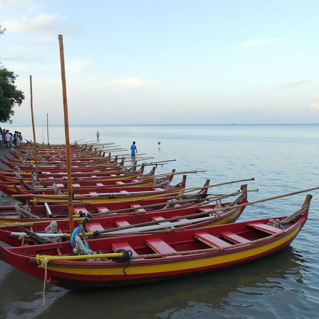 Traditional Jukung boats on Lovina Beach waiting for the dolphin tour