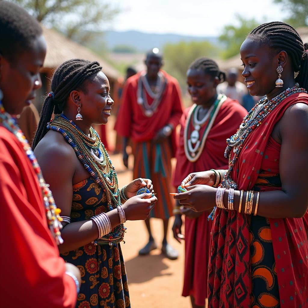 Maasai Cultural Village Experience: Tourists interacting with Maasai people, learning about their traditions and way of life