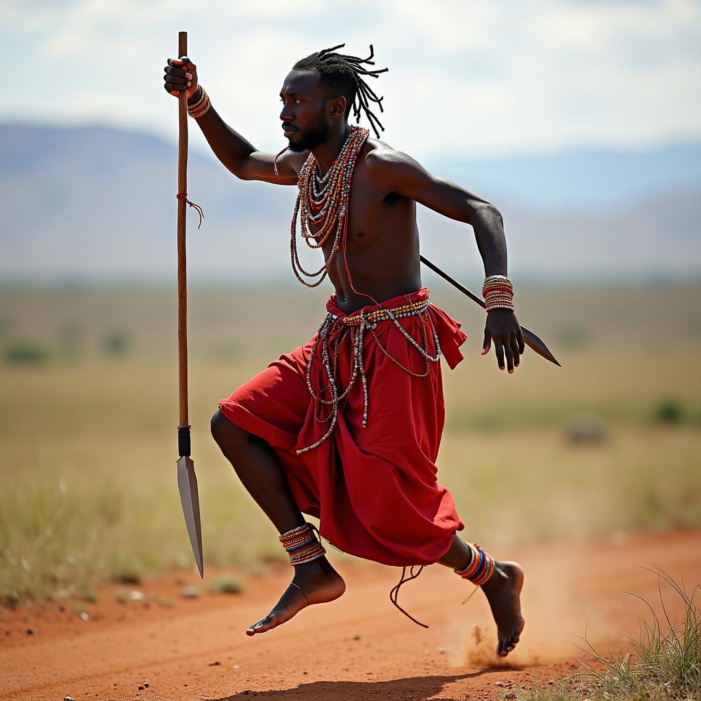 Maasai Warrior Demonstrating Traditional Dance: A Maasai warrior in traditional attire performing a jumping dance against the backdrop of the African savanna.