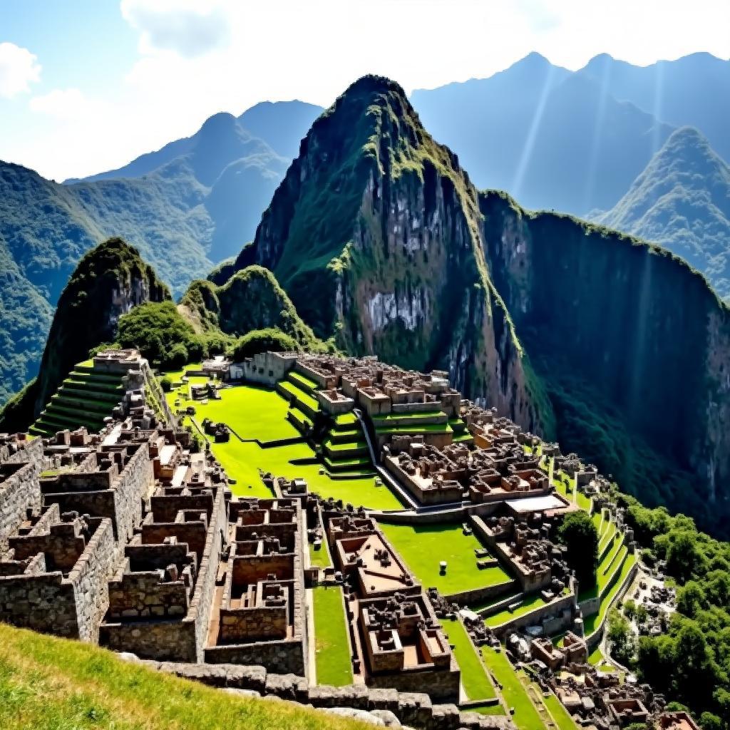 Machu Picchu Panoramic View: Stunning vista of the ancient Inca city nestled in the Andes Mountains, Peru.