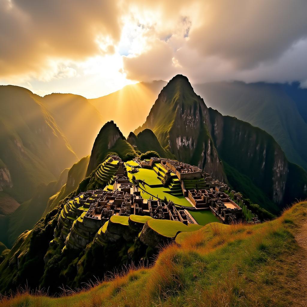 Machu Picchu Sunrise at Sun Gate: Breathtaking sunrise view of Machu Picchu from the iconic Sun Gate, Peru.