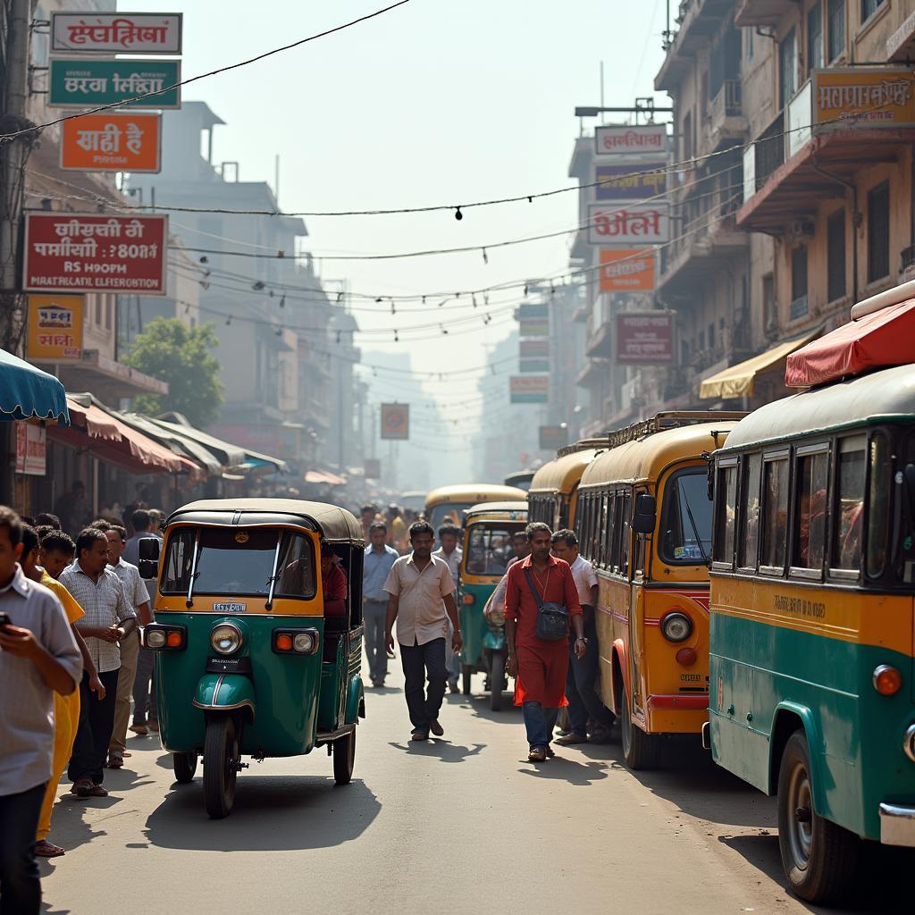 Maharashtra Pilgrimage Transport and Accommodation:  A scene depicting various transportation options like buses and autos, alongside different types of lodging, highlighting the accessibility and availability of resources for pilgrims traveling in Maharashtra.