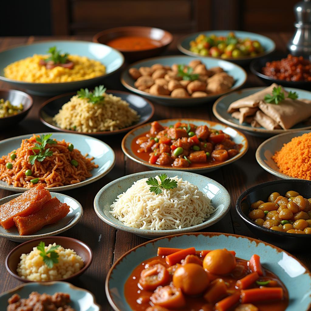 A vibrant display of various Malaysian dishes, showcasing the country's diverse culinary scene