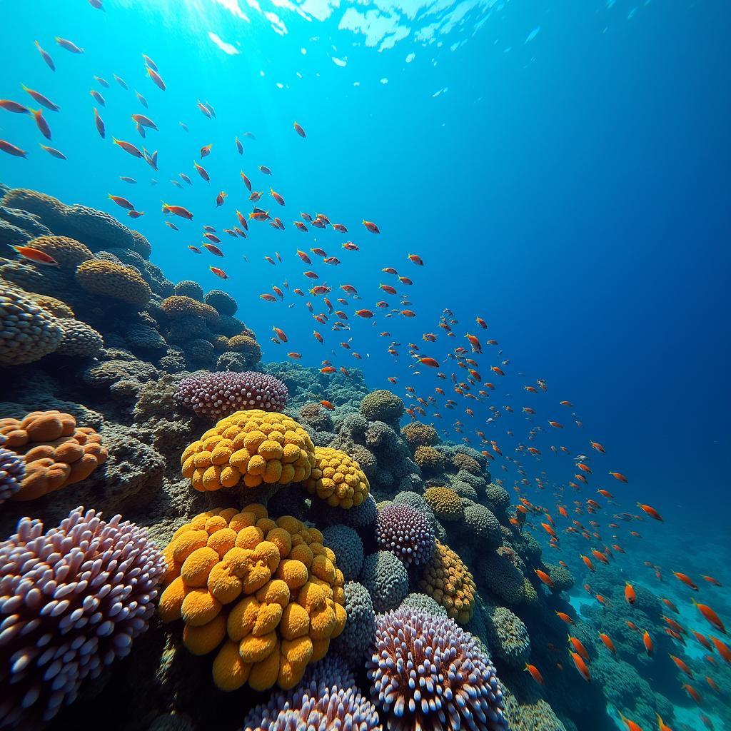 Vibrant coral reef teeming with marine life in the Maldives, a must-see for divers.