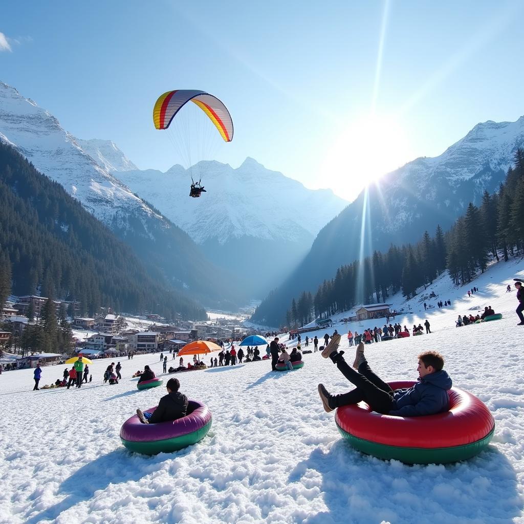 Manali's Solang Valley with tourists enjoying adventure activities like paragliding and zorbing