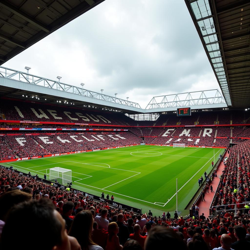 A panoramic view of the iconic Old Trafford stadium, home of Manchester United, buzzing with fans on a match day.