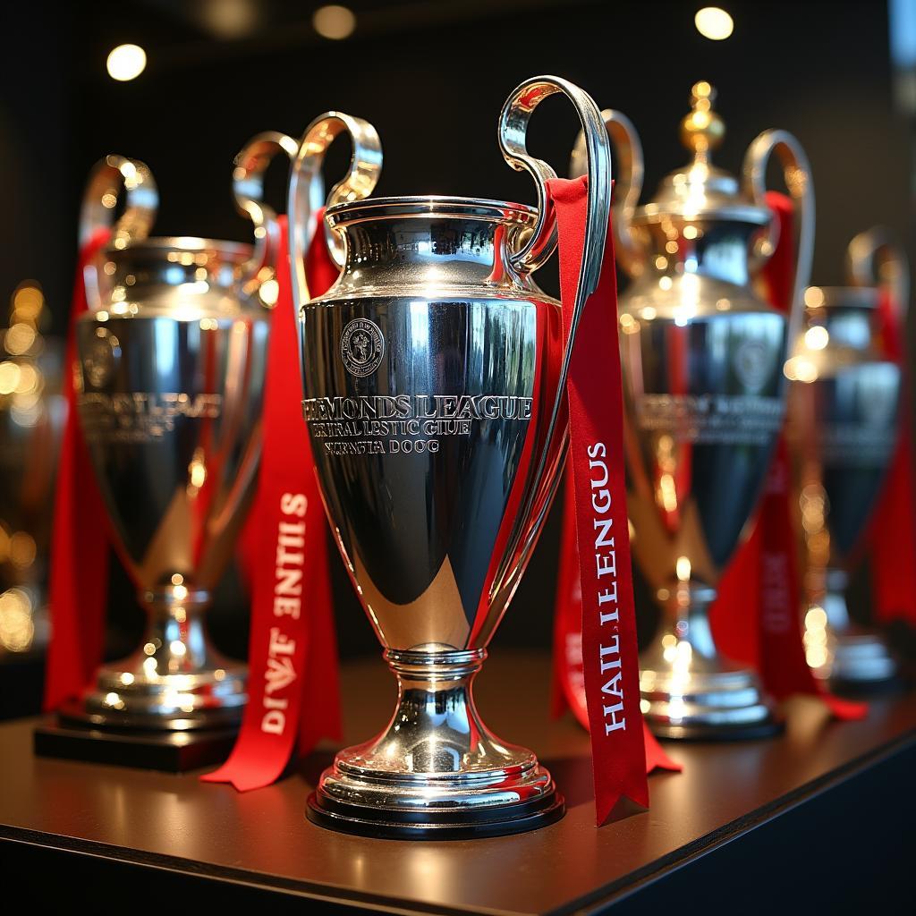 Display cases showcasing the impressive trophy collection at the Manchester United Museum