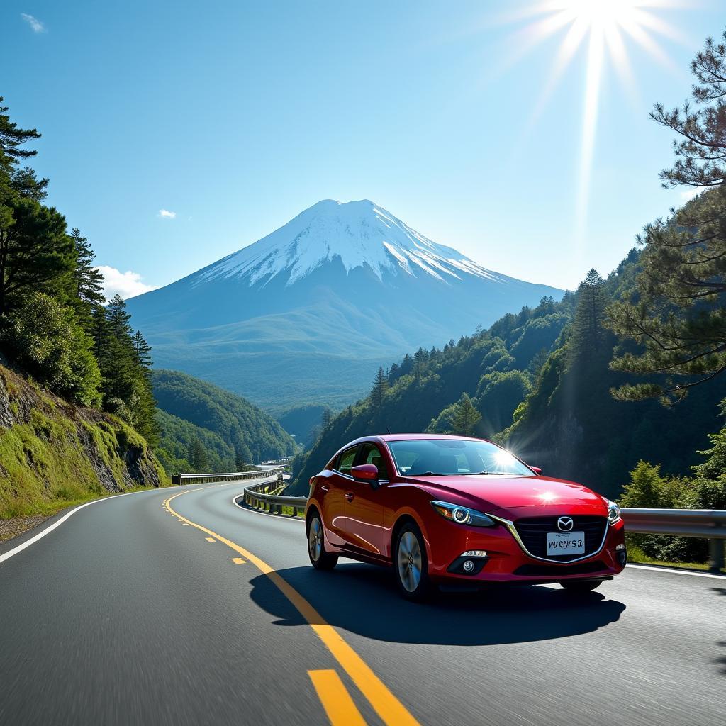 2015 Mazda3 s Grand Touring driving on the Hakone Turnpike in Japan with Mount Fuji in the background