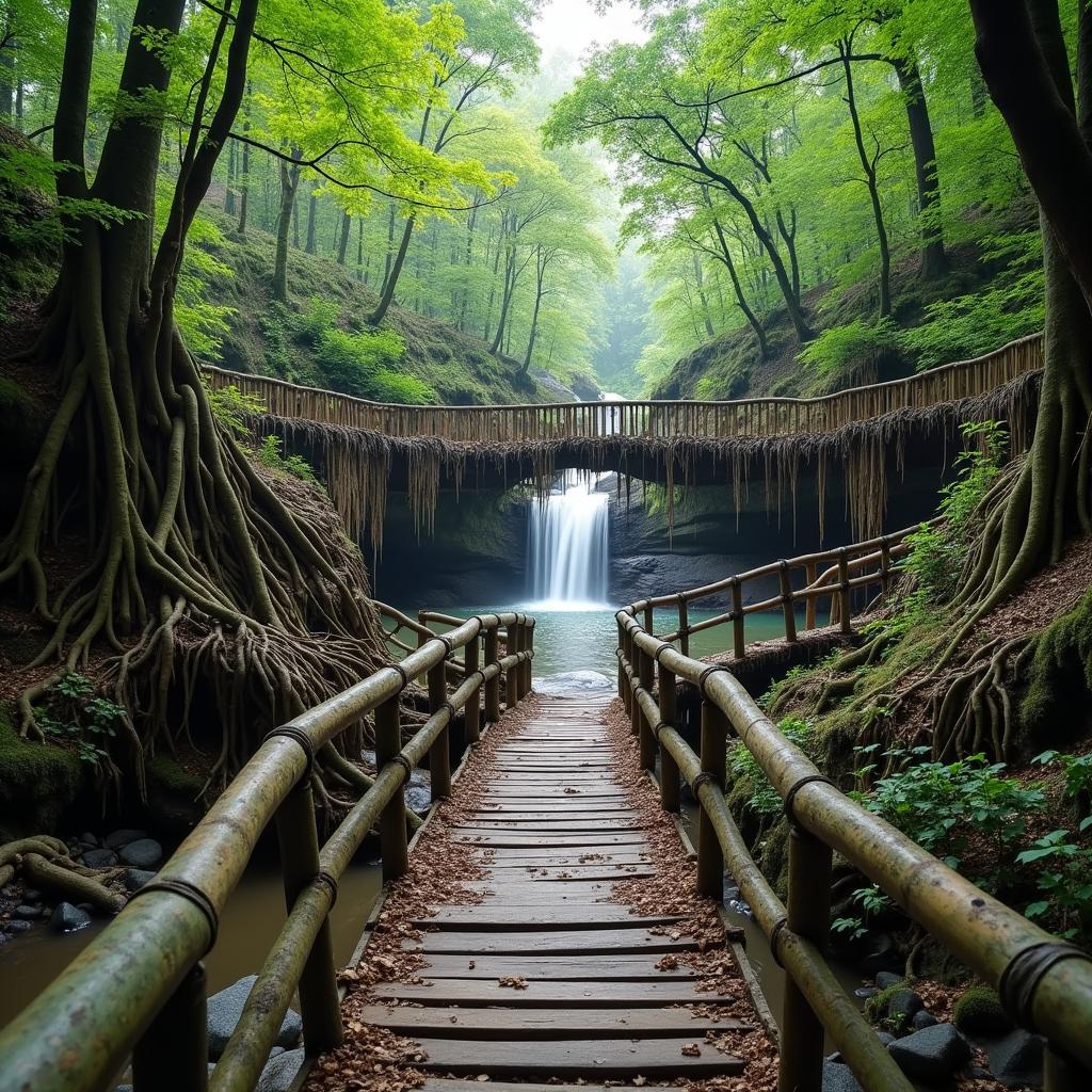 Living root bridges and a waterfall in Meghalaya