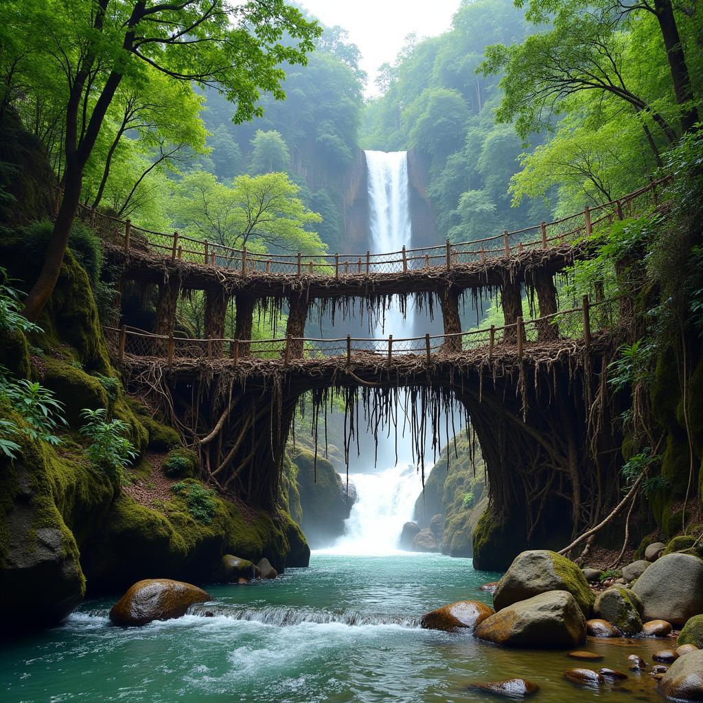 Spectacular waterfalls and intricate living root bridges in Meghalaya.