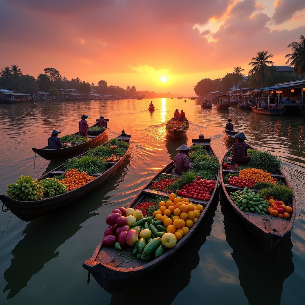 Mekong Floating Market Sunrise with Vendors Preparing Their Goods