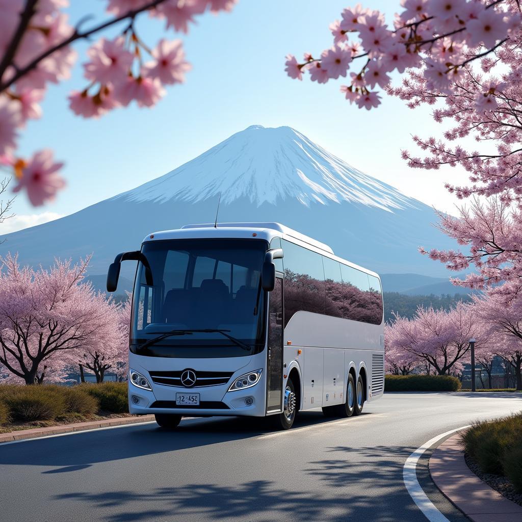 Mercedes Tour Bus parked near Mount Fuji