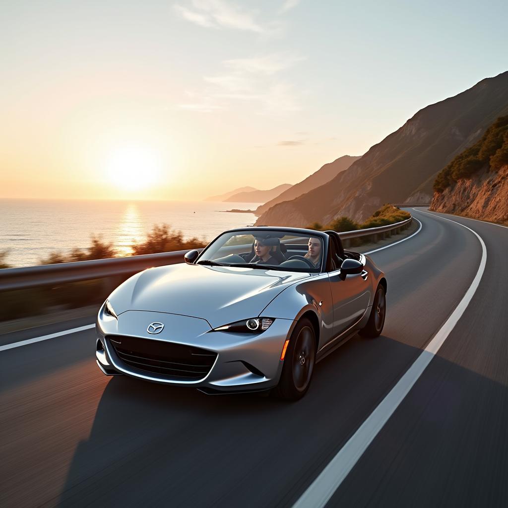 2016 Mazda Miata Grand Touring driving along the scenic Japanese coastline, enjoying the ocean views.