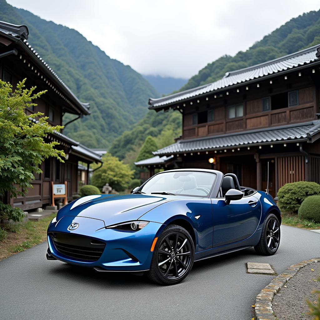 2016 Mazda Miata Grand Touring parked in a traditional Japanese village, showcasing the car's integration with the local environment.