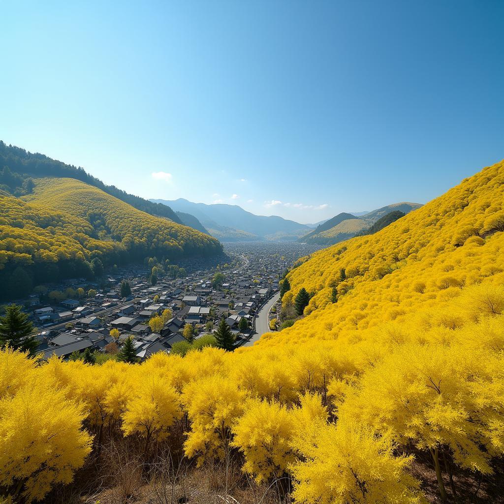 Mimosa trees in full bloom during spring in Japan