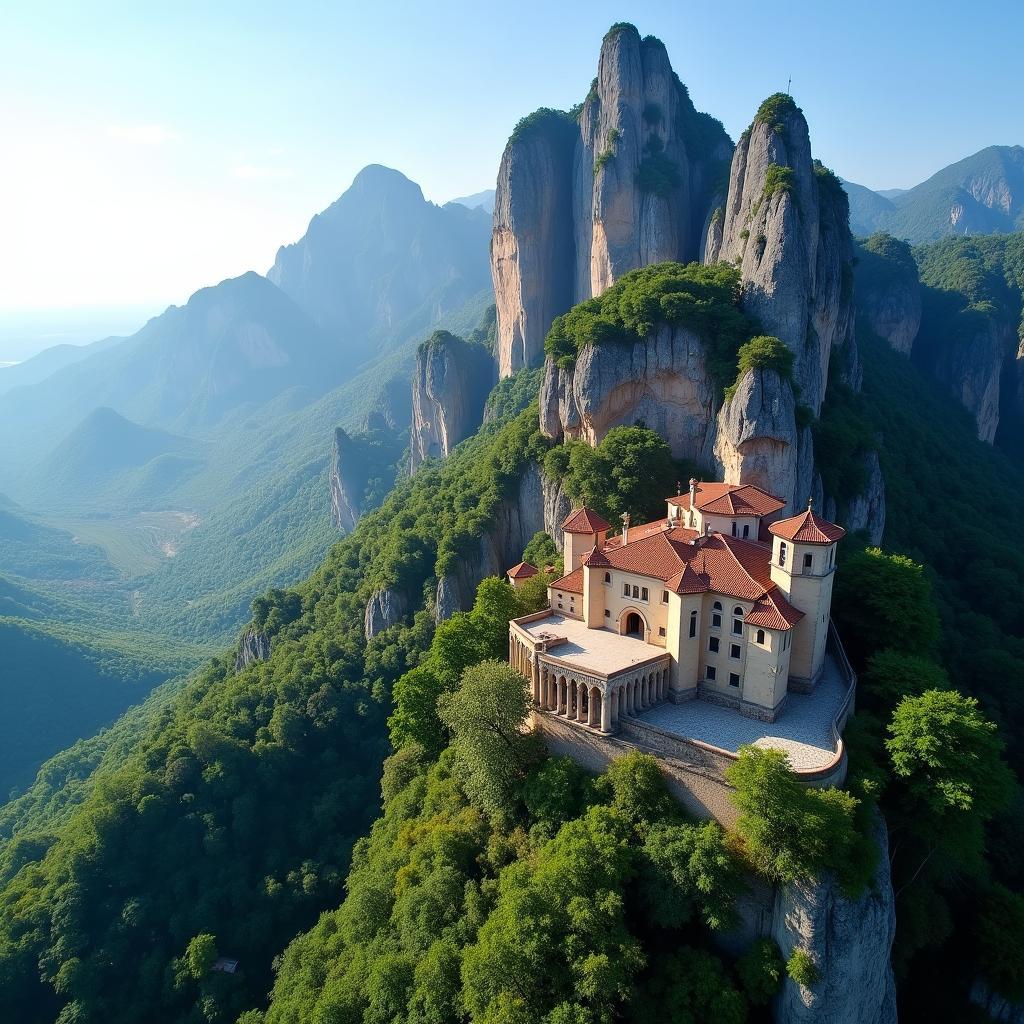 Montserrat Monastery Aerial View: A stunning panoramic view of the Benedictine monastery nestled in the Montserrat mountain range near Barcelona, Spain.