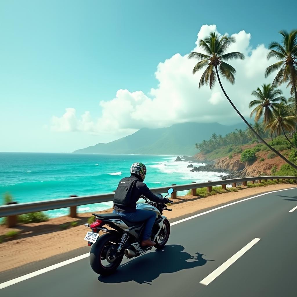 Motorcycle touring on a scenic Indian coastal highway