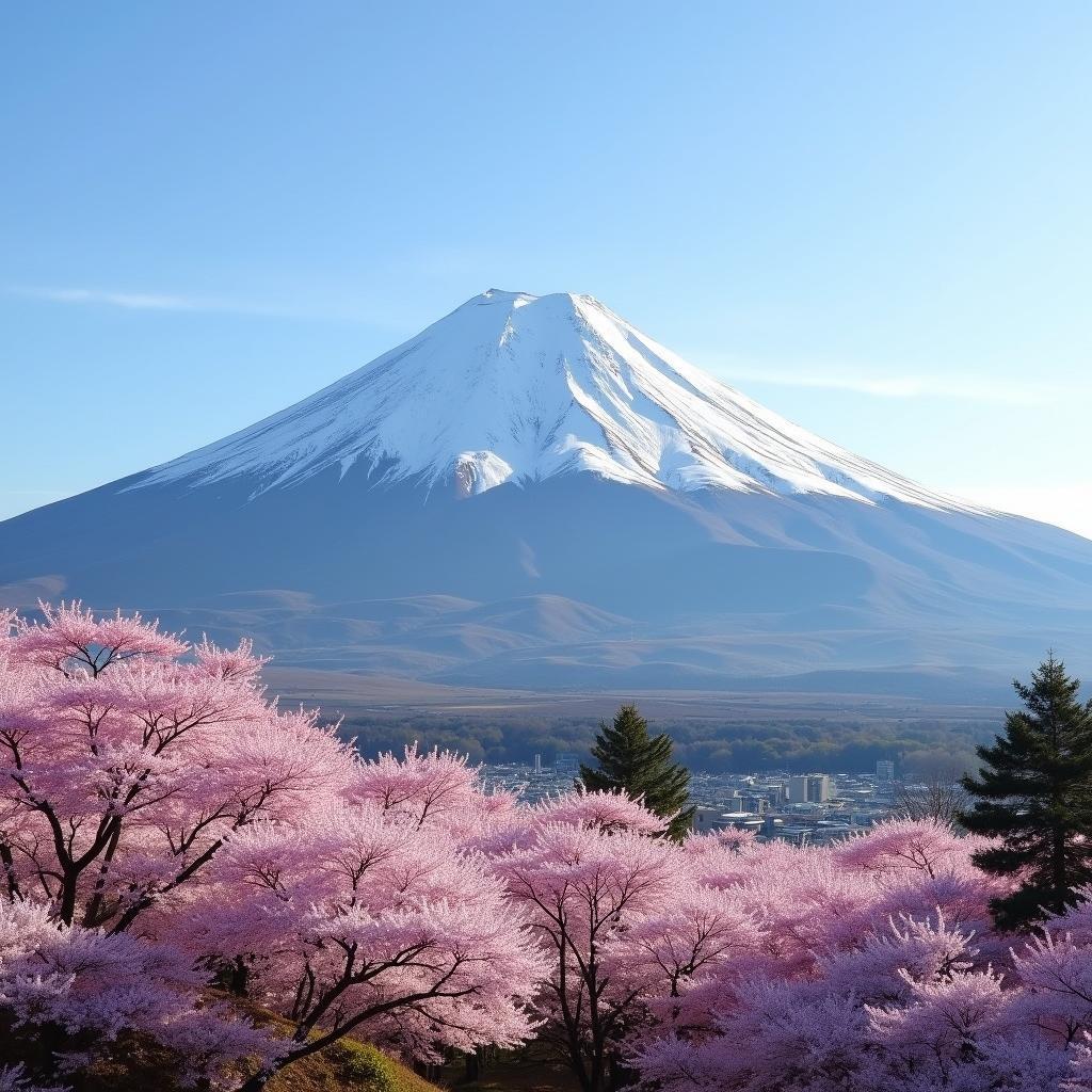 Mount Fuji towering over a field of cherry blossoms, a classic Japanese landscape.