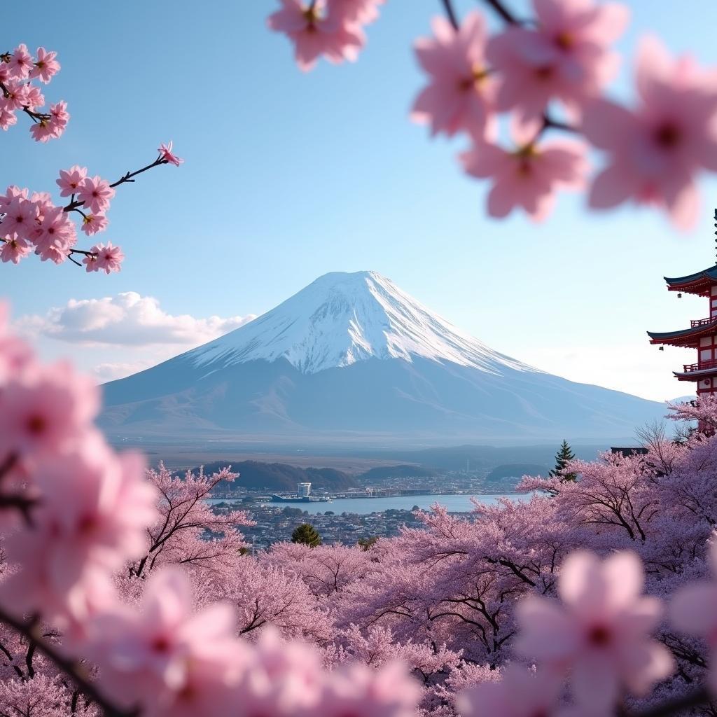 Mount Fuji with Cherry Blossoms in foreground, Japan.