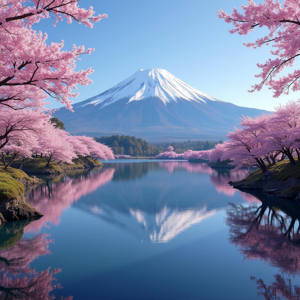 Mount Fuji with Cherry Blossoms and a Peaceful Lake