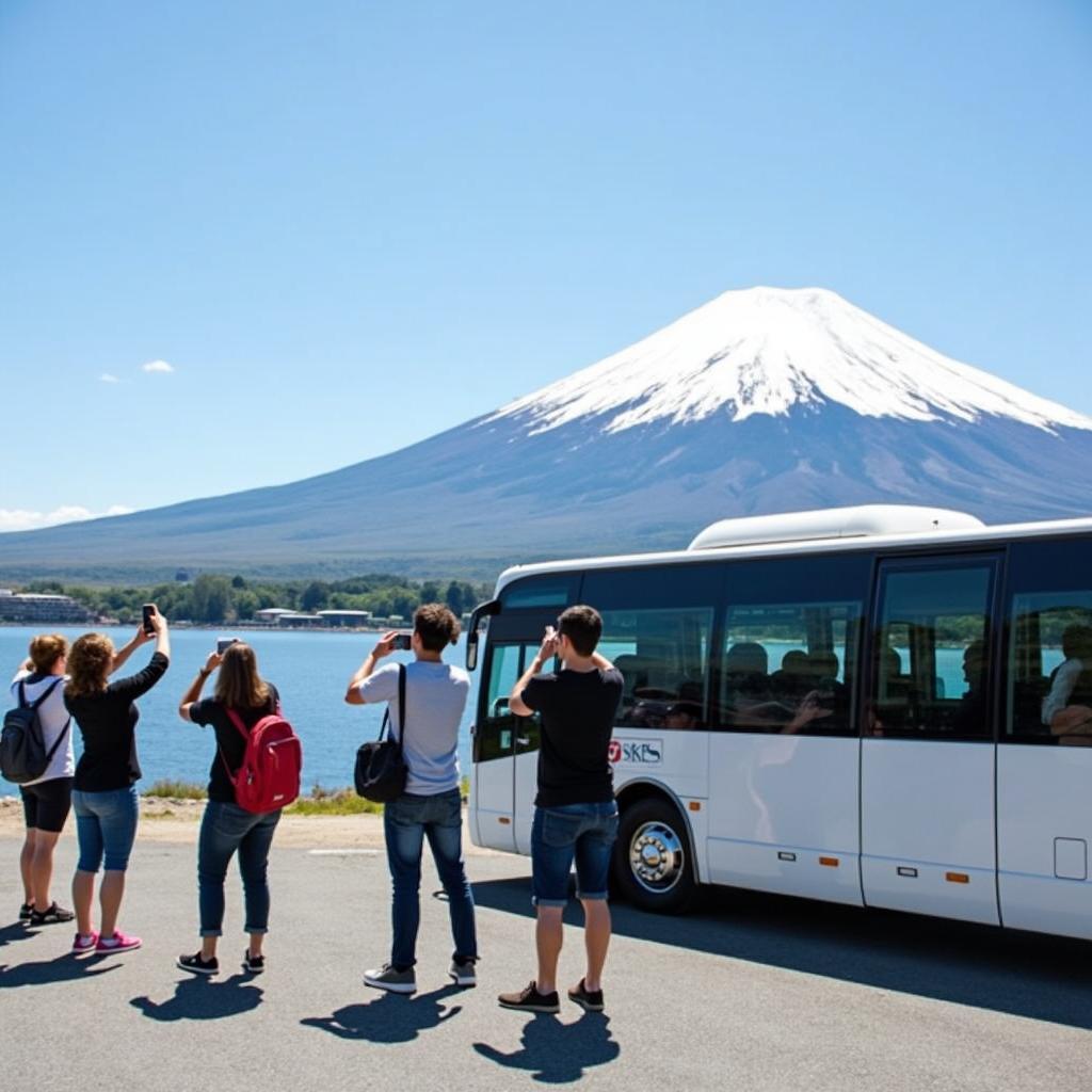 A tour bus parked near one of the Fuji Five Lakes, with Mount Fuji visible in the background and tourists taking pictures