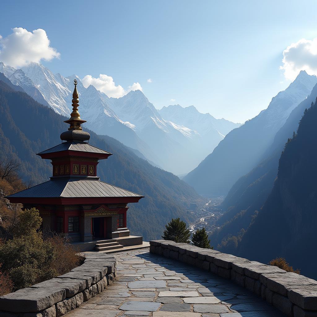 Muktinath Temple with the majestic Himalayas in the background.